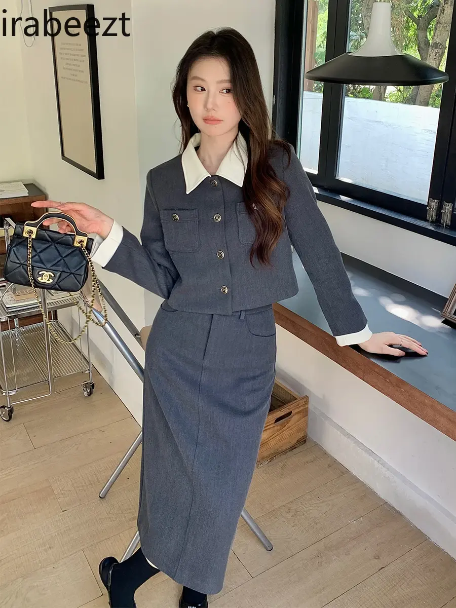 2024 Spring New Style Color Contrast Lapel Coat + High-waisted Slimming Skirt Suits for Women Slim Fit Blazer Femenino