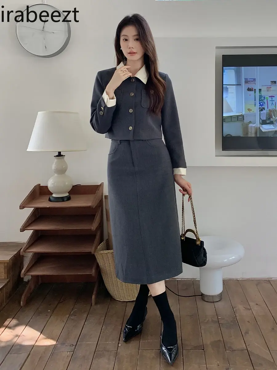 2024 Spring New Style Color Contrast Lapel Coat + High-waisted Slimming Skirt Suits for Women Slim Fit Blazer Femenino