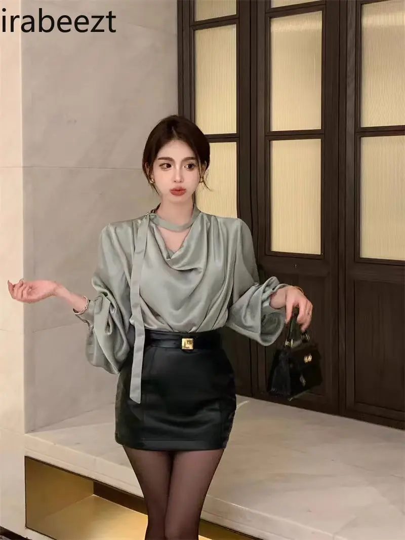 High-end Satin Long-sleeved Shirt Female 2025 Spring and Summer Style Hip-wrapped Half-length Leather Skirt Two-piece Suit