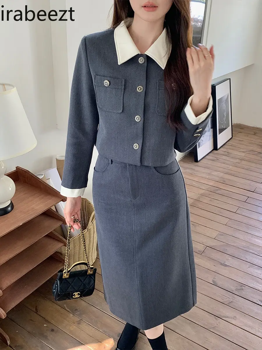 2024 Spring New Style Color Contrast Lapel Coat + High-waisted Slimming Skirt Suits for Women Slim Fit Blazer Femenino