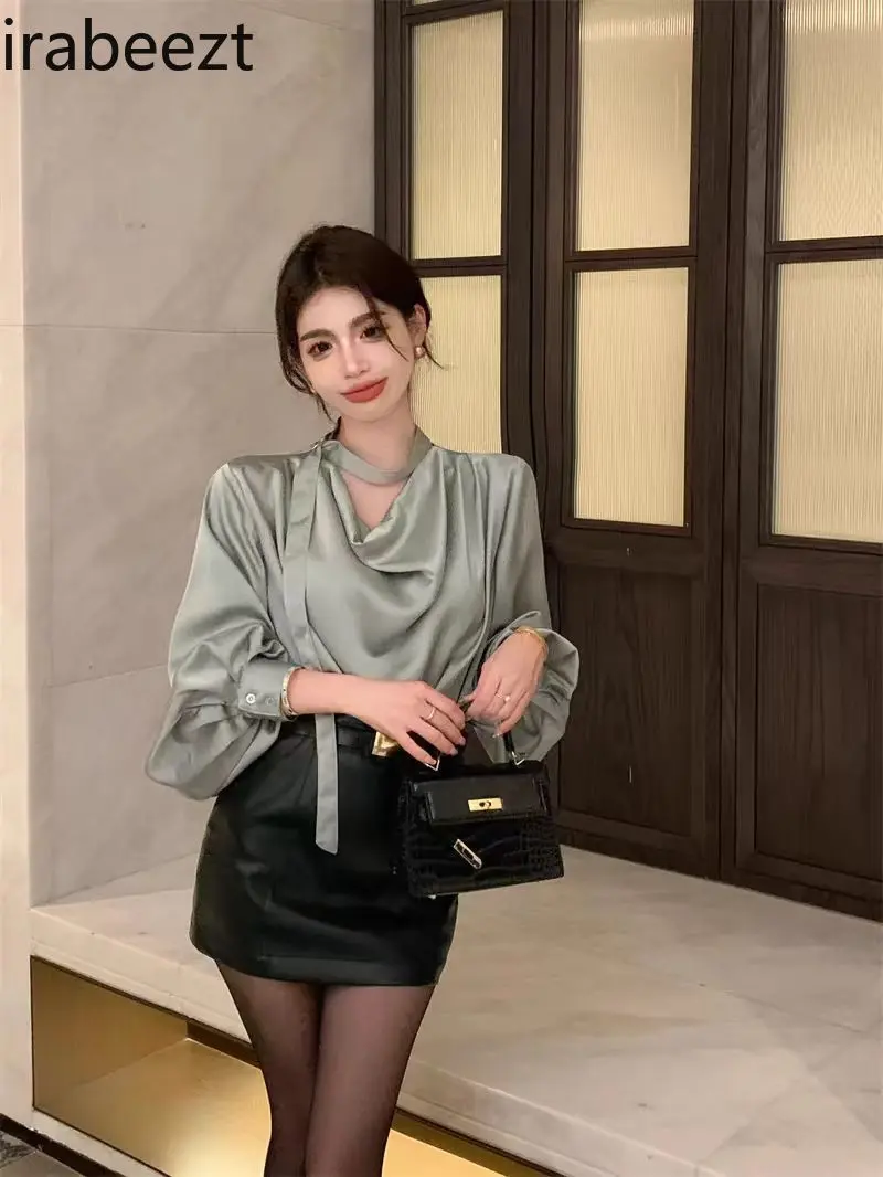 High-end Satin Long-sleeved Shirt Female 2025 Spring and Summer Style Hip-wrapped Half-length Leather Skirt Two-piece Suit