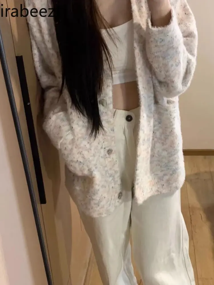 2024 New Autumn and Winter Loose Fit Cardigan Soft Waxy Casual Coat Women Slouchy Design Feeling Knitted Sweater Top