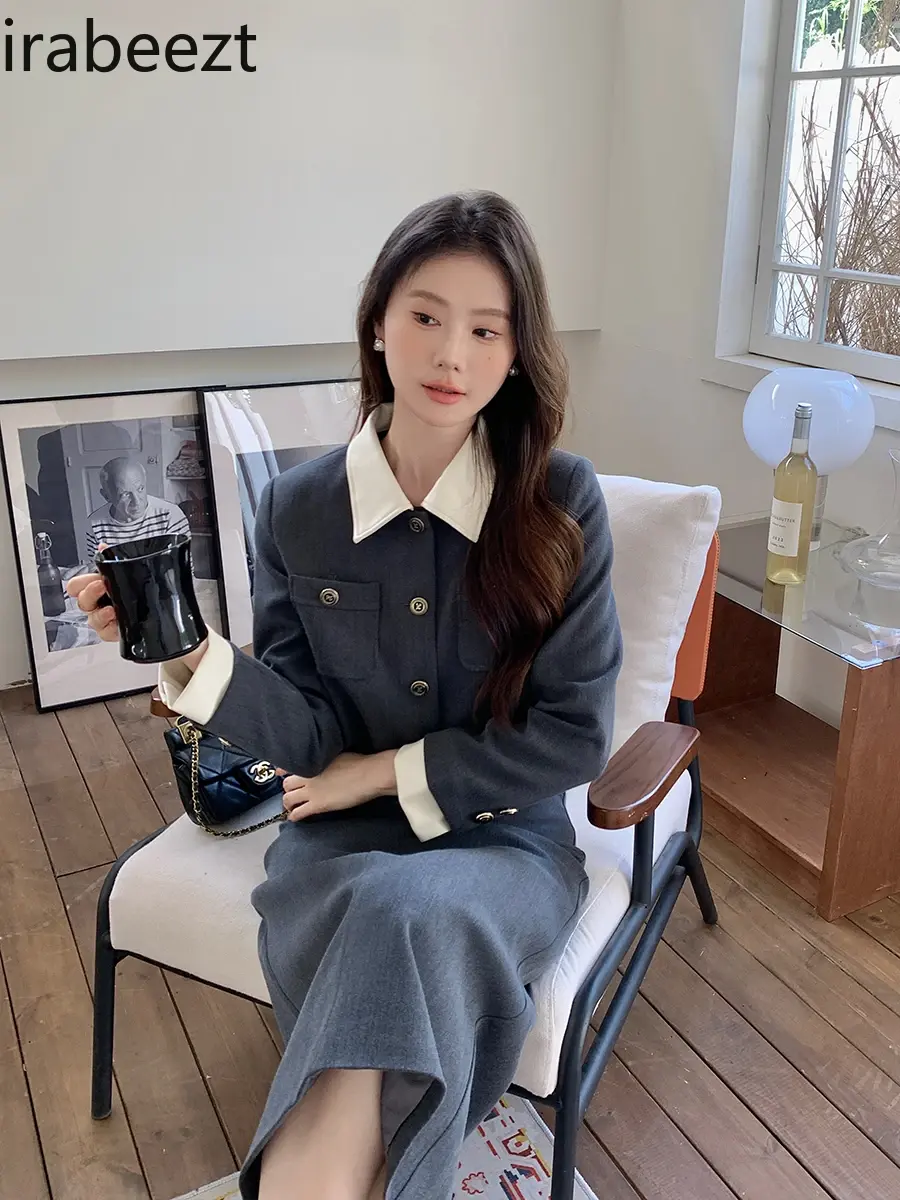 2024 Spring New Style Color Contrast Lapel Coat + High-waisted Slimming Skirt Suits for Women Slim Fit Blazer Femenino