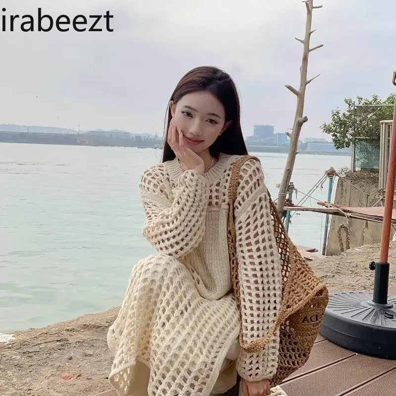 Apricot French Style Hollow Knit Dress Long Air Conditioning Smock Holiday Skirt 2024 Summer Vestidos Elegantes Para Mujer