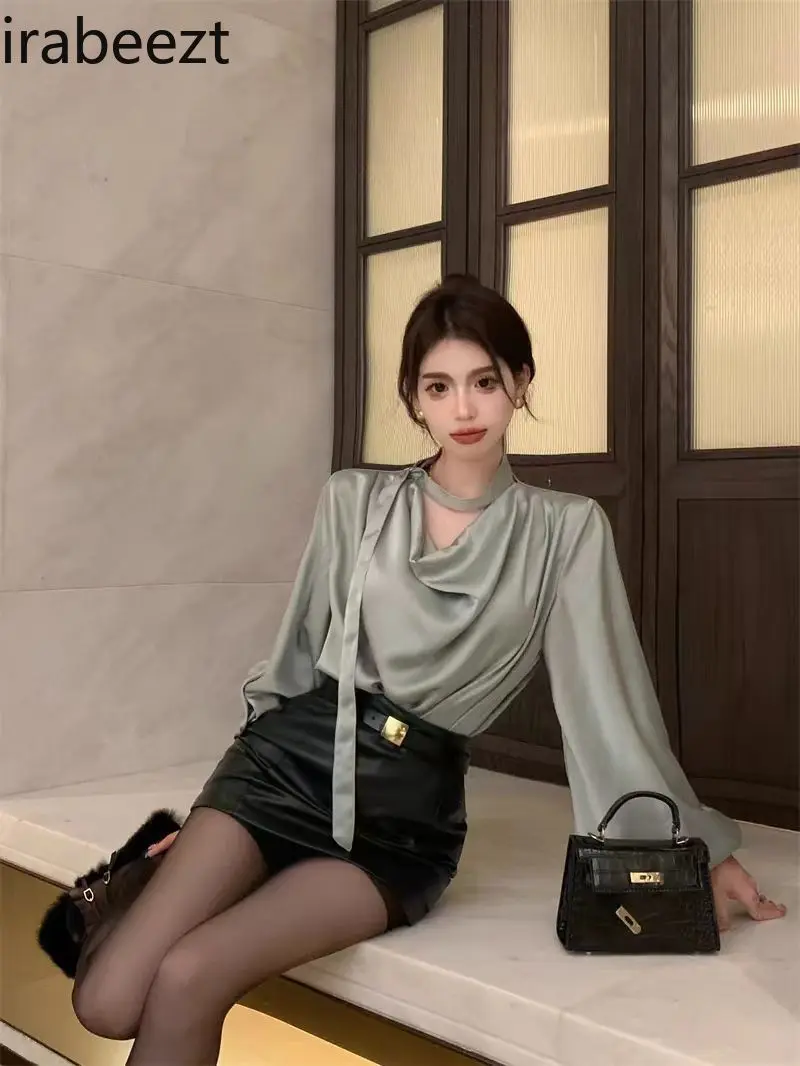 High-end Satin Long-sleeved Shirt Female 2025 Spring and Summer Style Hip-wrapped Half-length Leather Skirt Two-piece Suit
