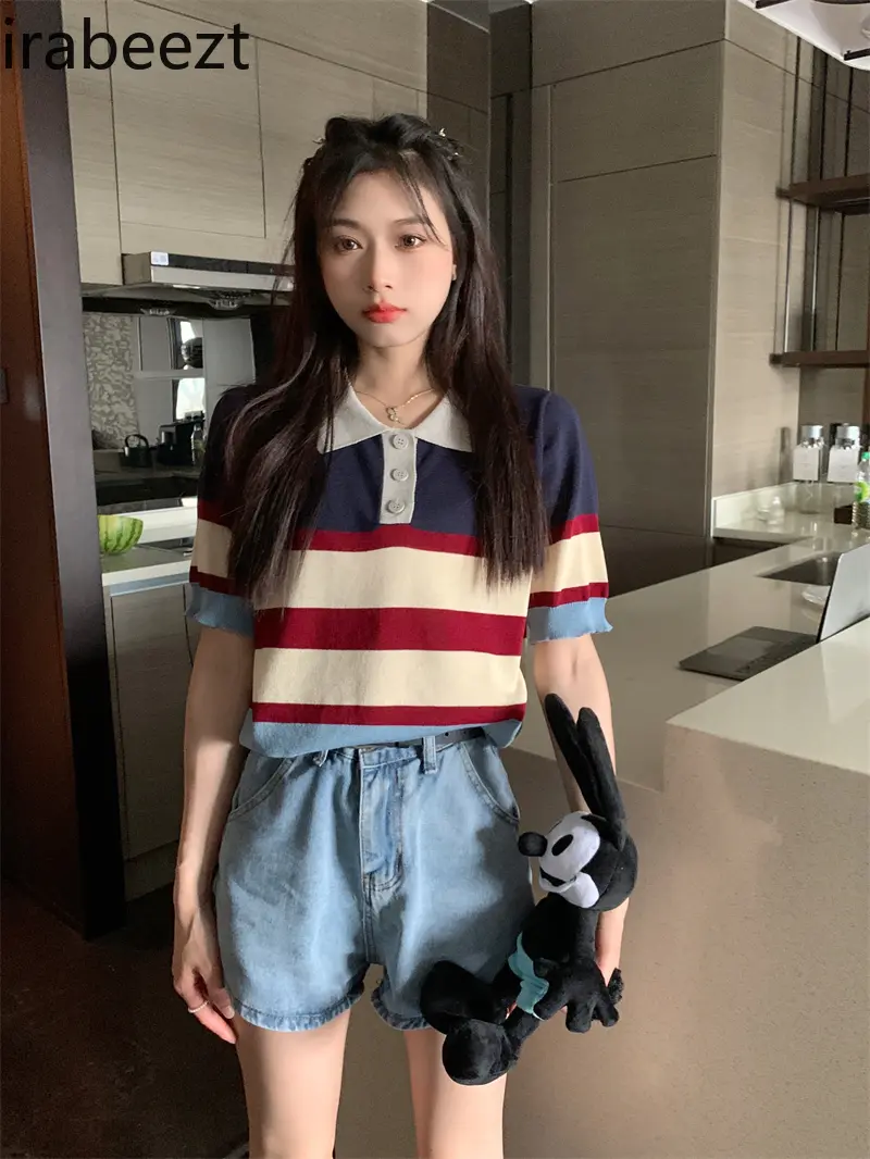 Fashion Striped Base Wear Summer 2024 New Retro Slimming Short-sleeved Knit Top for Women Mainland China Polo Shirt Women