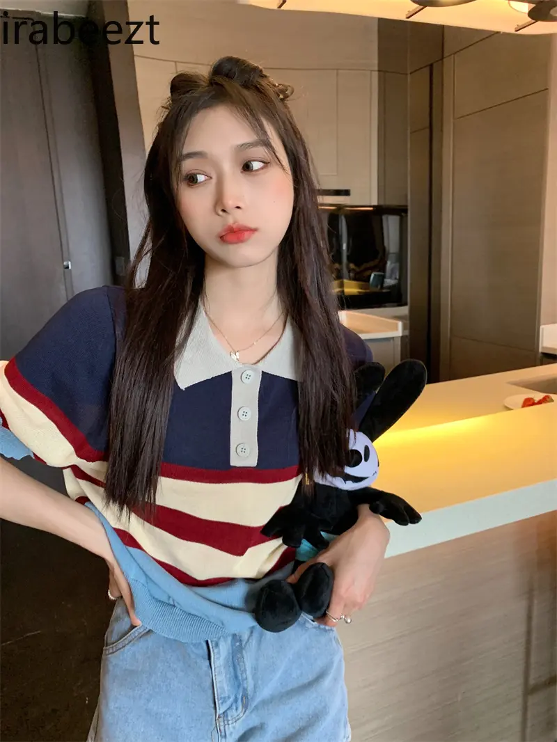 Fashion Striped Base Wear Summer 2024 New Retro Slimming Short-sleeved Knit Top for Women Mainland China Polo Shirt Women