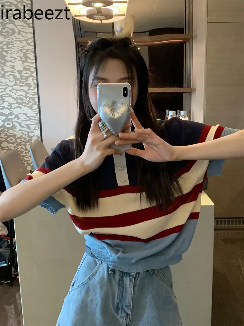 Fashion Striped Base Wear Summer 2024 New Retro Slimming Short-sleeved Knit Top for Women Mainland China Polo Shirt Women