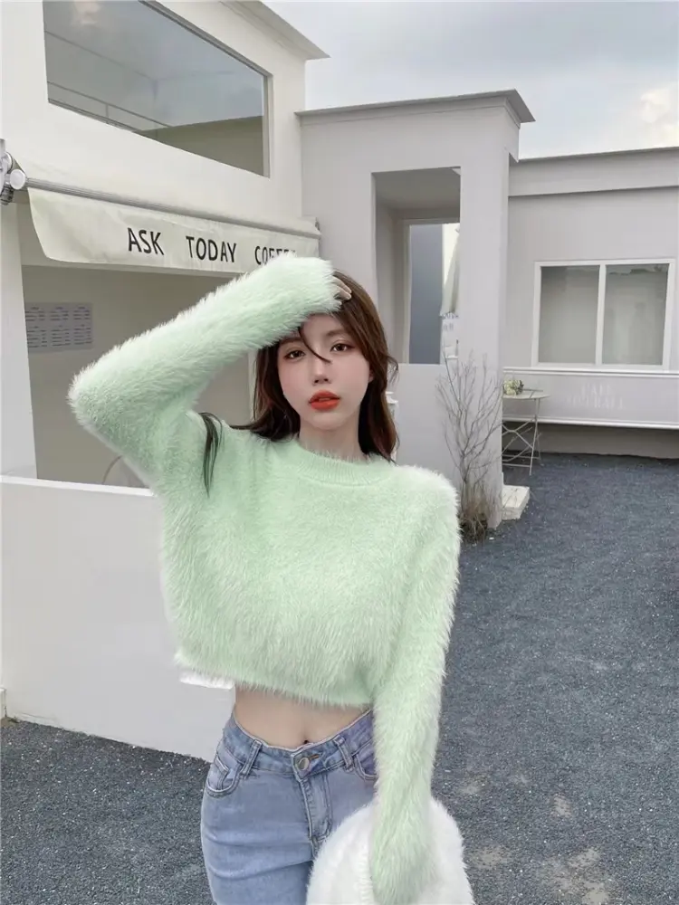 Mink Hair Slouchy Round Neck Waist Slimming Top Slim Soft Waxy Sweater Woman Blusao Tricô Feminino Loose Fit Pullover