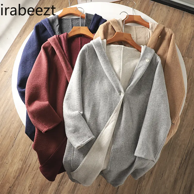 Winter Pure Color Simple Women's Loose Casual Hooded Long Woolen Coat Chamarras Para Mujer Jackets for Women 2024