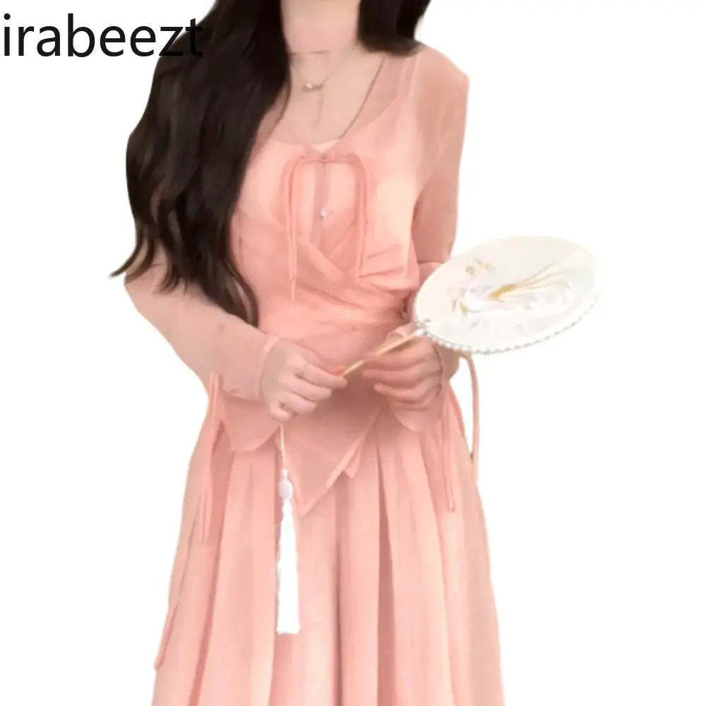 New Chinese Style Gentle Pink Blouse Women 2024 New Early Spring Wear A Small Design Long Skirt Conjuntos De Saias