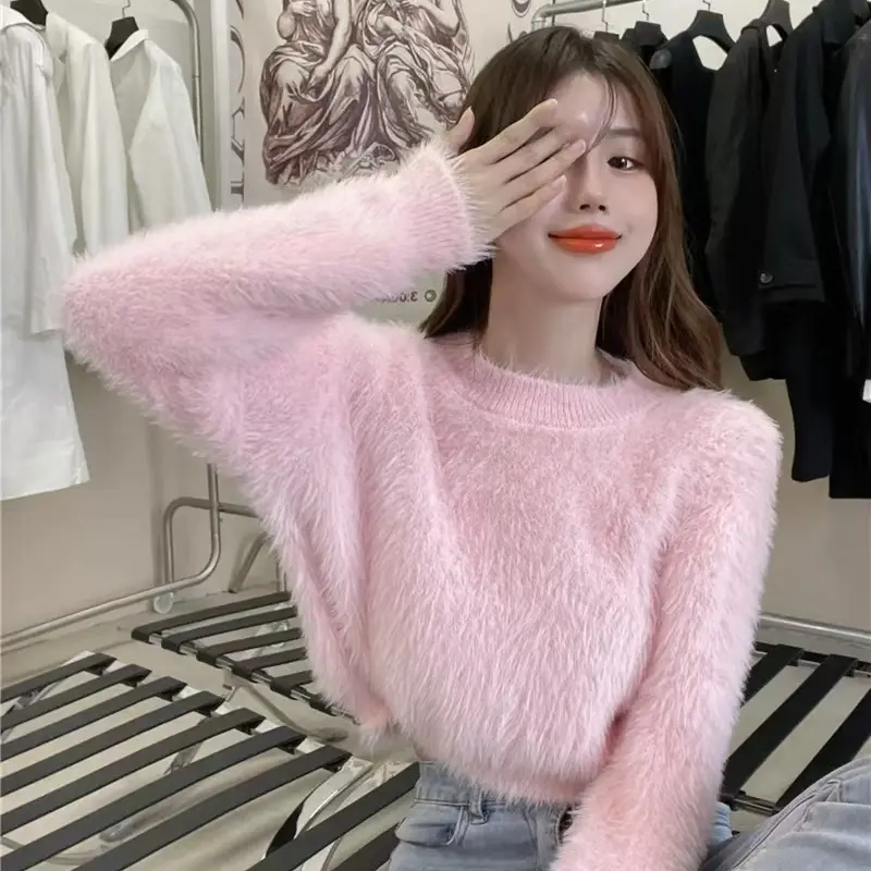 Mink Hair Slouchy Round Neck Waist Slimming Top Slim Soft Waxy Sweater Woman Blusao Tricô Feminino Loose Fit Pullover