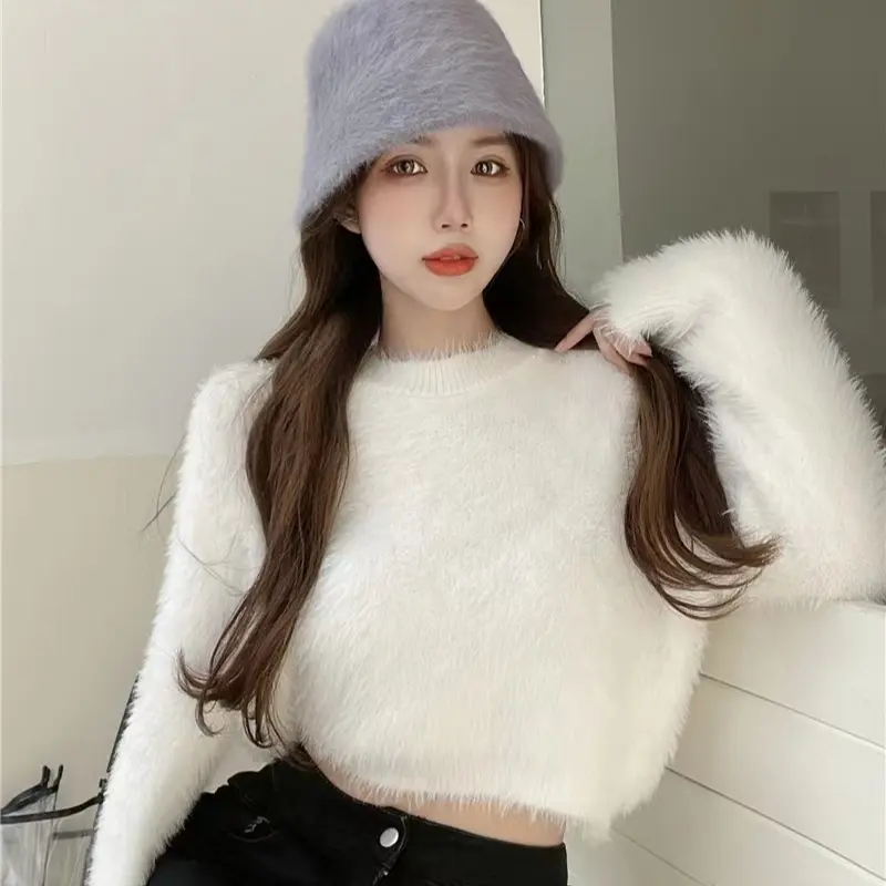 Mink Hair Slouchy Round Neck Waist Slimming Top Slim Soft Waxy Sweater Woman Blusao Tricô Feminino Loose Fit Pullover
