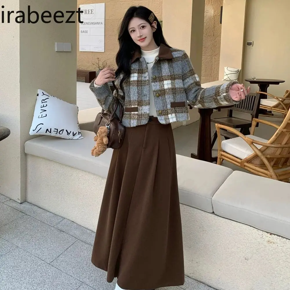 Autumn and Winter Two-piece Thickened Woolen Short Coat Women's 2024 New Pleated Long Skirt Fashion Suit Women