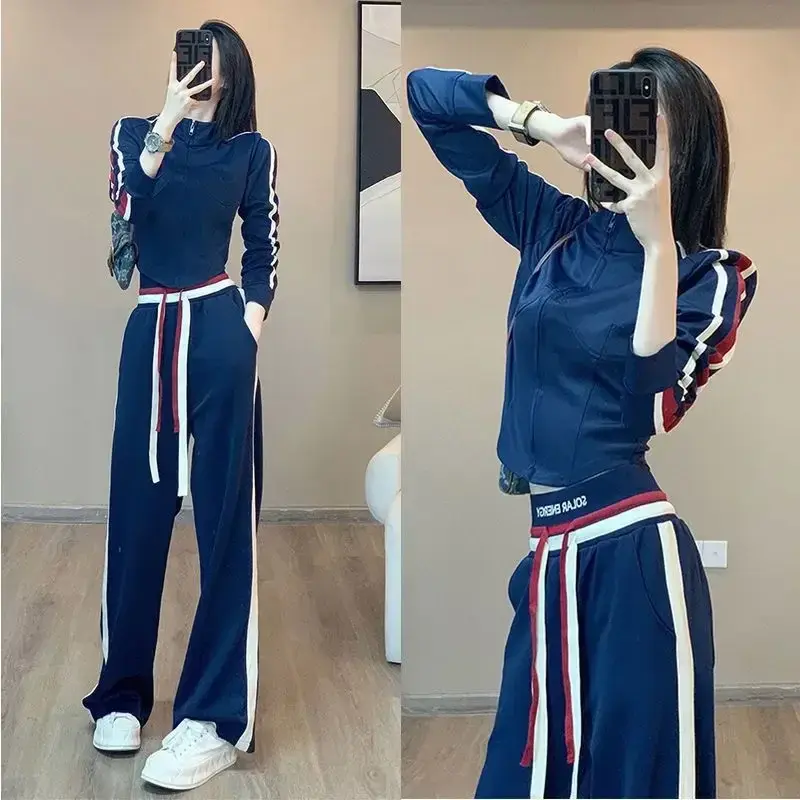 Irabeezt Sport Suits Striped Long Sleeve Stand Collar Zipper Cardigans Loose Casual Straight Pants Korean Style Two Piece Sets