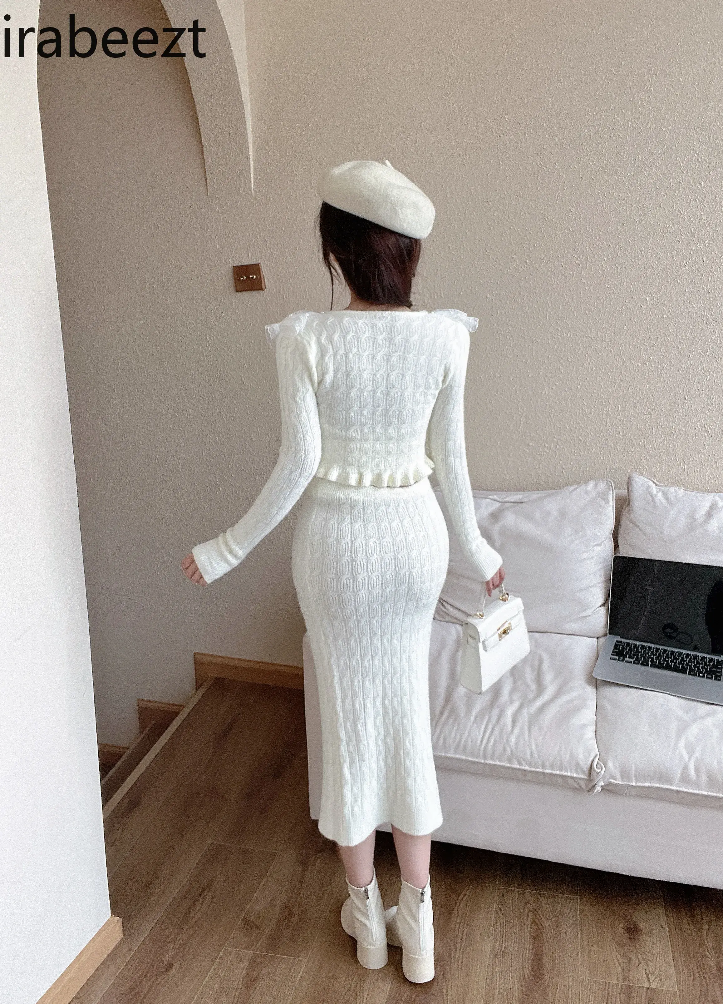 Sweet Gentle Style Knit Set Bow Age Reduction Top with Slit Hip Wrap Skirt Trajes Formales De Mujer Slim Fit Ensembles De Jupes
