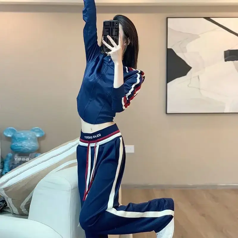 Irabeezt Sport Suits Striped Long Sleeve Stand Collar Zipper Cardigans Loose Casual Straight Pants Korean Style Two Piece Sets