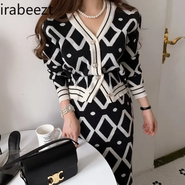 Chinese Chic Little Sweet Knitting Skirt Suit Temperament Cardigan Coat Two-piece Set Outfit Conjunto Saia E Blusa Elegante
