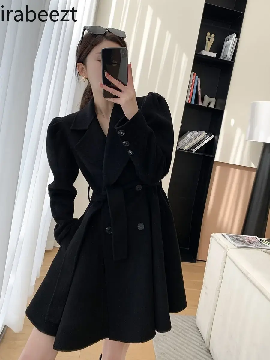 High-end Temperament Slimming Waist Black Coat for Women 2024 Autumn/winter New Hepburn Style Short Woolen Jacket