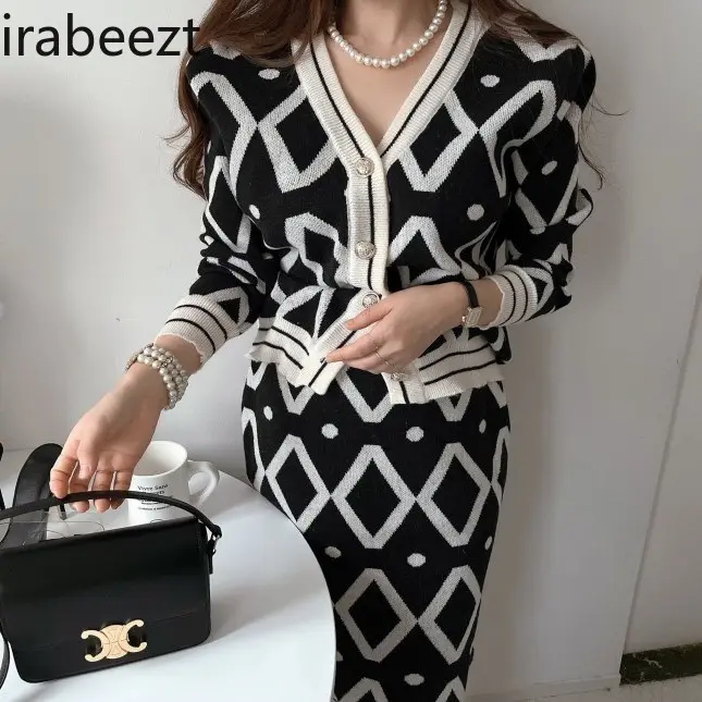 Chinese Chic Little Sweet Knitting Skirt Suit Temperament Cardigan Coat Two-piece Set Outfit Conjunto Saia E Blusa Elegante