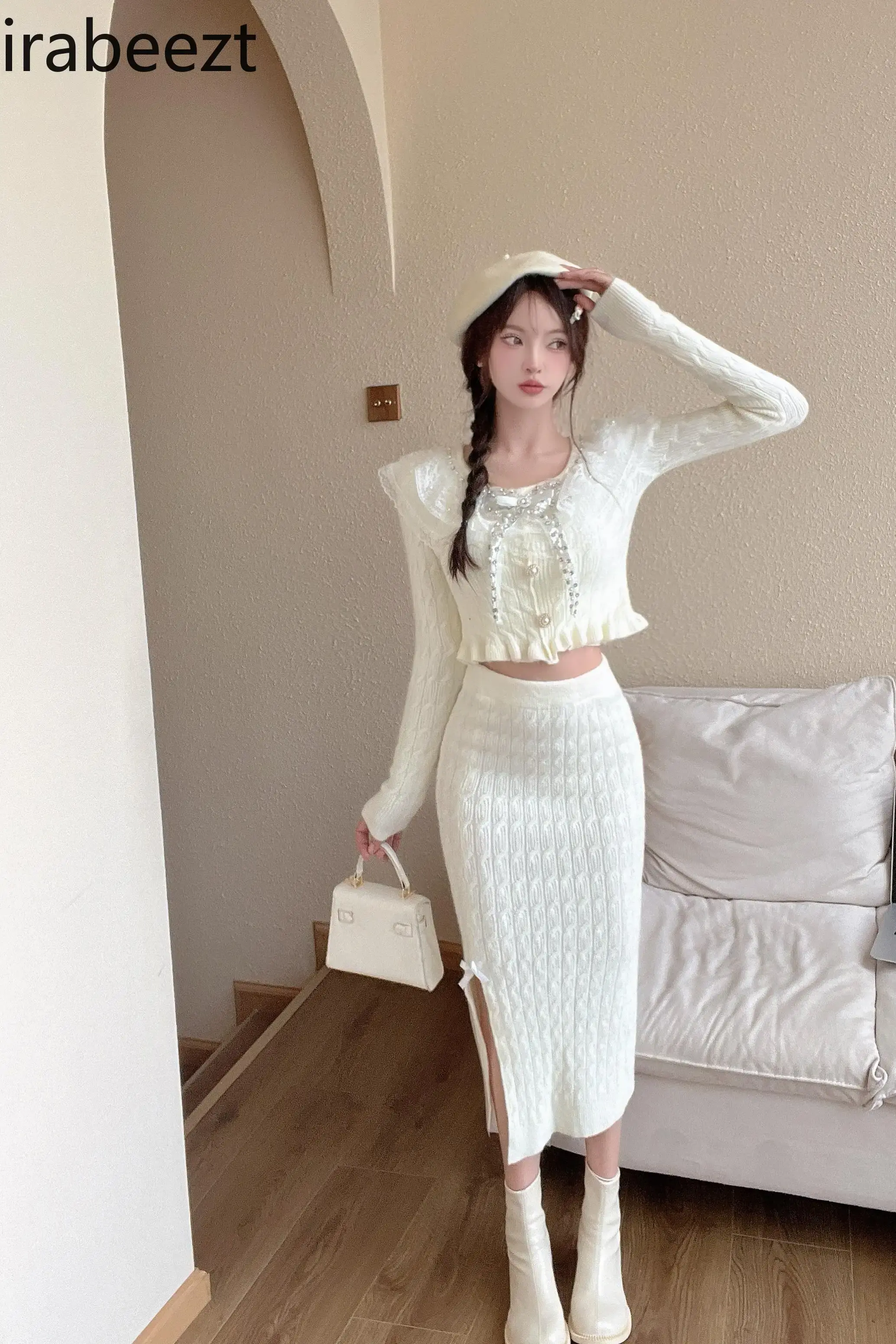 Sweet Gentle Style Knit Set Bow Age Reduction Top with Slit Hip Wrap Skirt Trajes Formales De Mujer Slim Fit Ensembles De Jupes