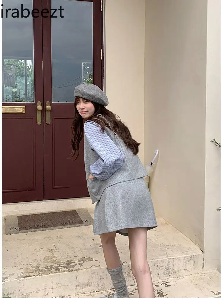 Suit Striped Shirt Casual Vest Skirt Two-piece Set Conjuntos Mujer Dos Piezas De Vestir Regulai Fit Conjunto Twede Feminino