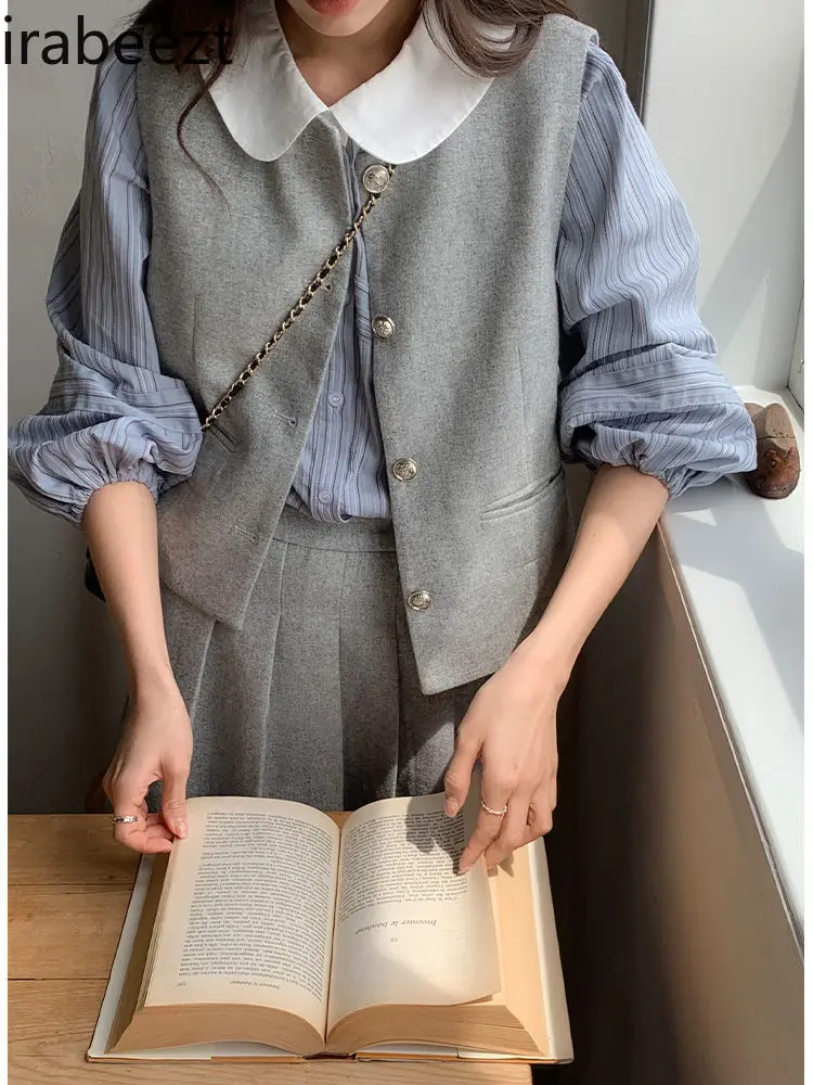 Suit Striped Shirt Casual Vest Skirt Two-piece Set Conjuntos Mujer Dos Piezas De Vestir Regulai Fit Conjunto Twede Feminino