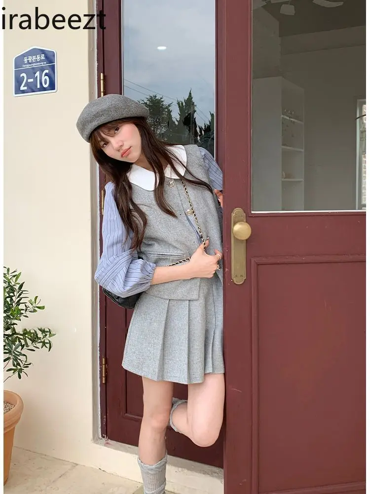 Suit Striped Shirt Casual Vest Skirt Two-piece Set Conjuntos Mujer Dos Piezas De Vestir Regulai Fit Conjunto Twede Feminino