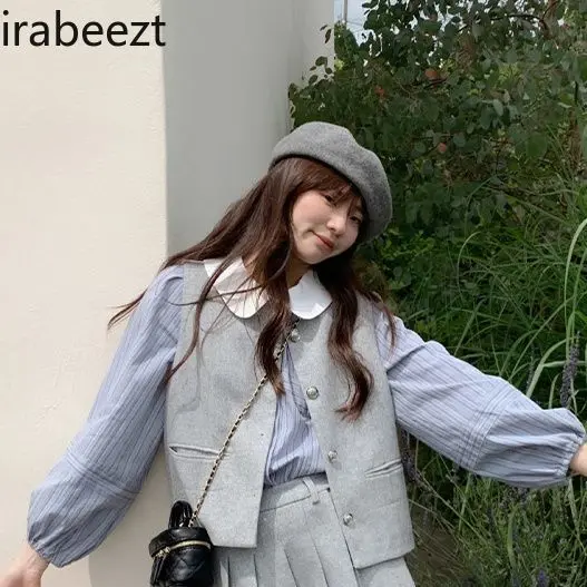 Suit Striped Shirt Casual Vest Skirt Two-piece Set Conjuntos Mujer Dos Piezas De Vestir Regulai Fit Conjunto Twede Feminino