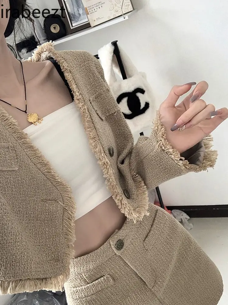 Design Sense Fringe V-neck Short Coat Women + High Waist Slimming Skirt Mainland China Conjuntos Mujer Dos Piezas De Vestir