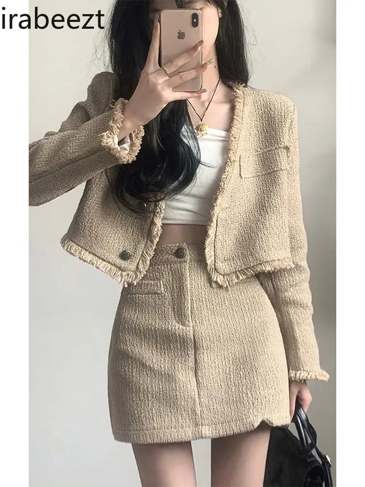 Design Sense Fringe V-neck Short Coat Women + High Waist Slimming Skirt Mainland China Conjuntos Mujer Dos Piezas De Vestir