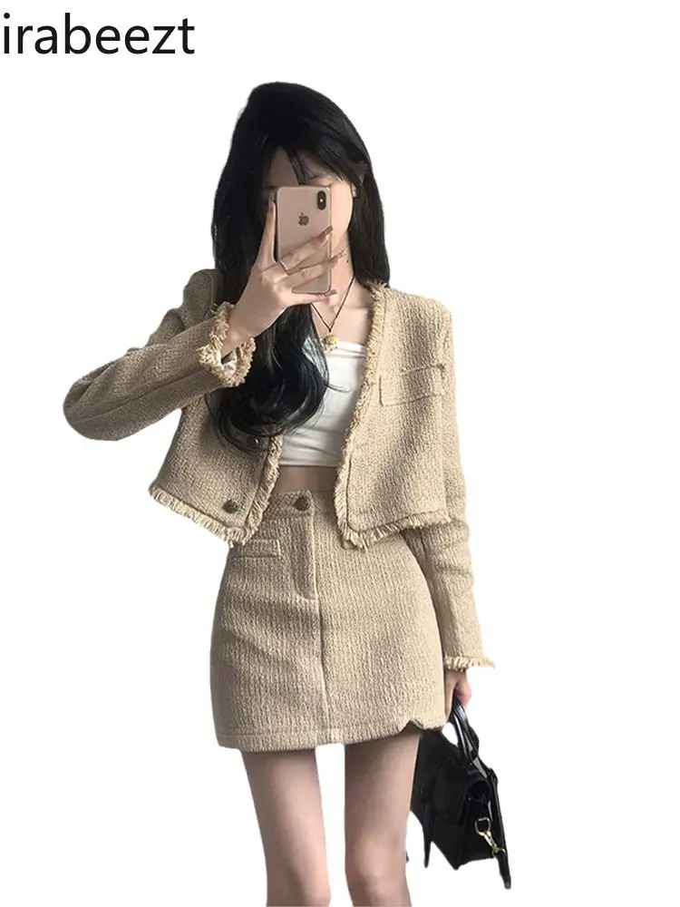 Design Sense Fringe V-neck Short Coat Women + High Waist Slimming Skirt Mainland China Conjuntos Mujer Dos Piezas De Vestir