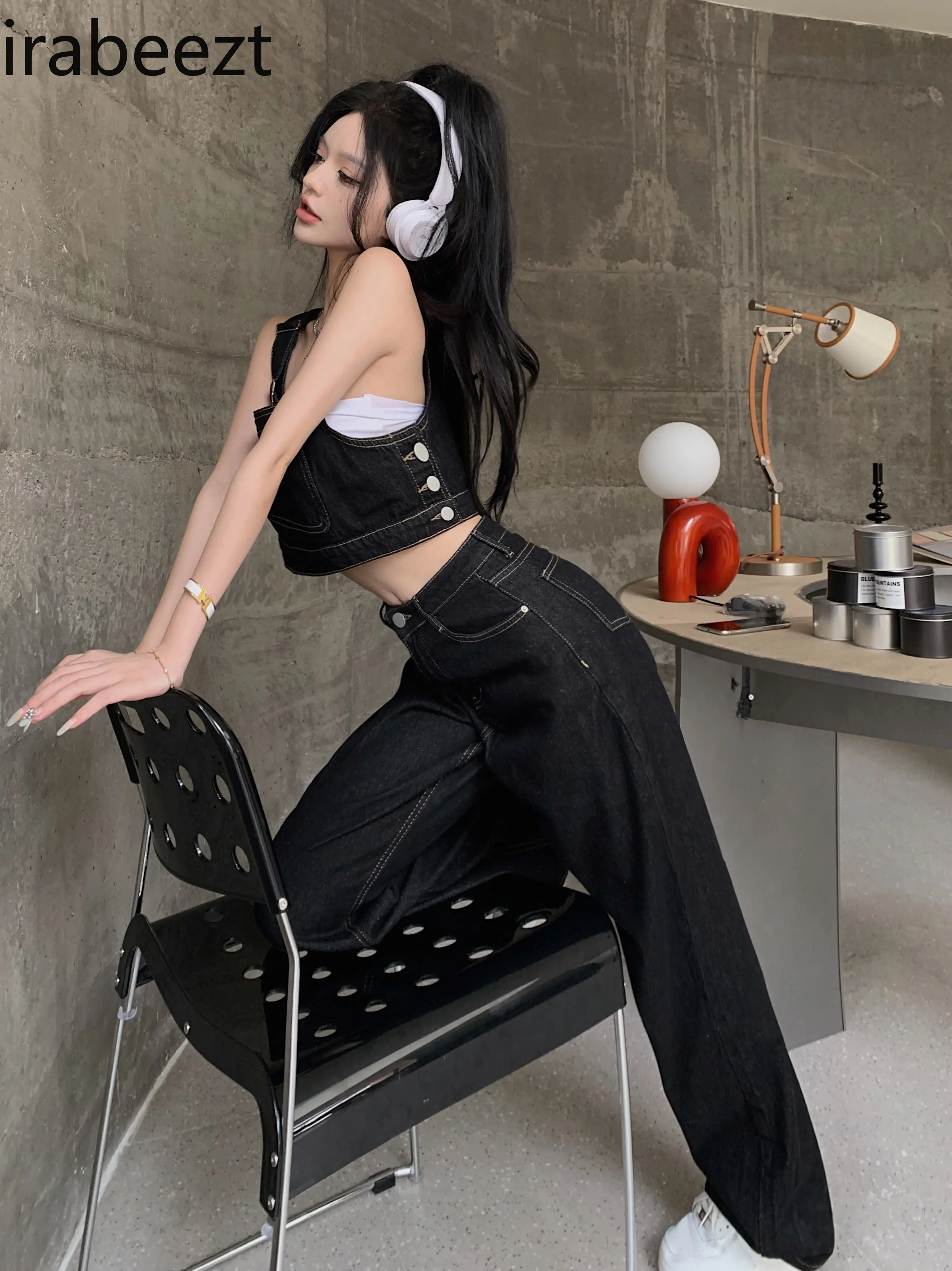 Spice Girl Halter Top Loose Straight Leg Denim Trouser Two-piece For Women Conjuntos Feminino Elegante Slim Fit Leggins Mujer