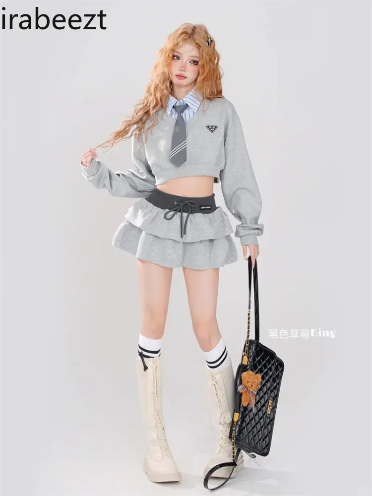Early Spring New American Fake Two Spliced Shirt Collar Short Hoodie Women's Design Sense Niche Thin Fashion Skirt Suit