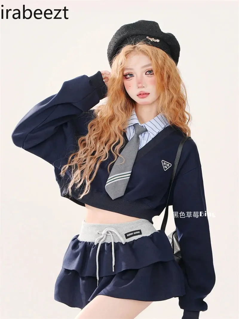 Early Spring New American Fake Two Spliced Shirt Collar Short Hoodie Women's Design Sense Niche Thin Fashion Skirt Suit