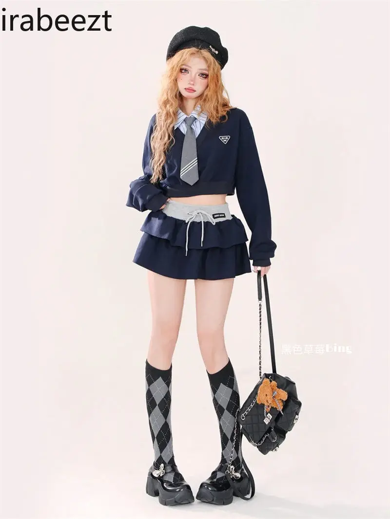 Early Spring New American Fake Two Spliced Shirt Collar Short Hoodie Women's Design Sense Niche Thin Fashion Skirt Suit