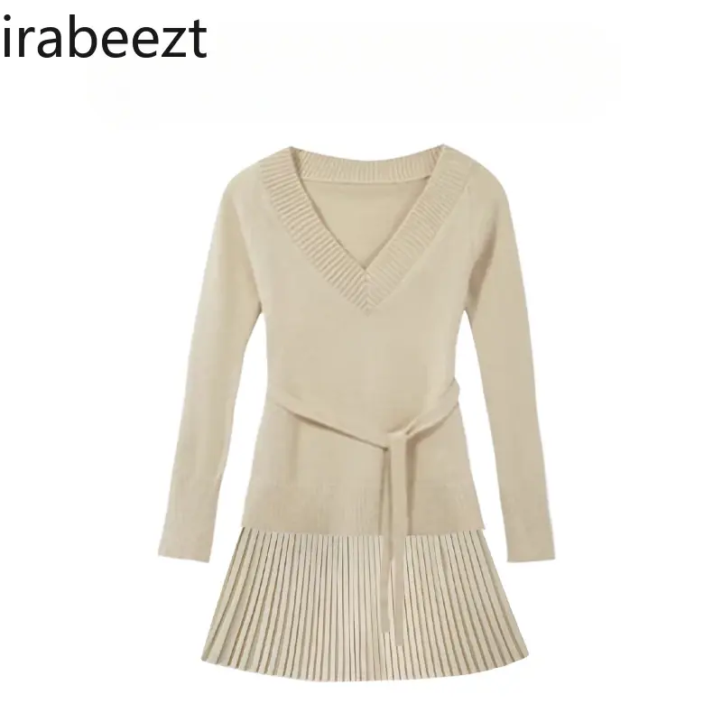 V-neck Sweater Knitwear Women's Fall Pleated Half Skirt Korean Early Autumn Wear Waist Collection Sexy 2 Pieces Suit