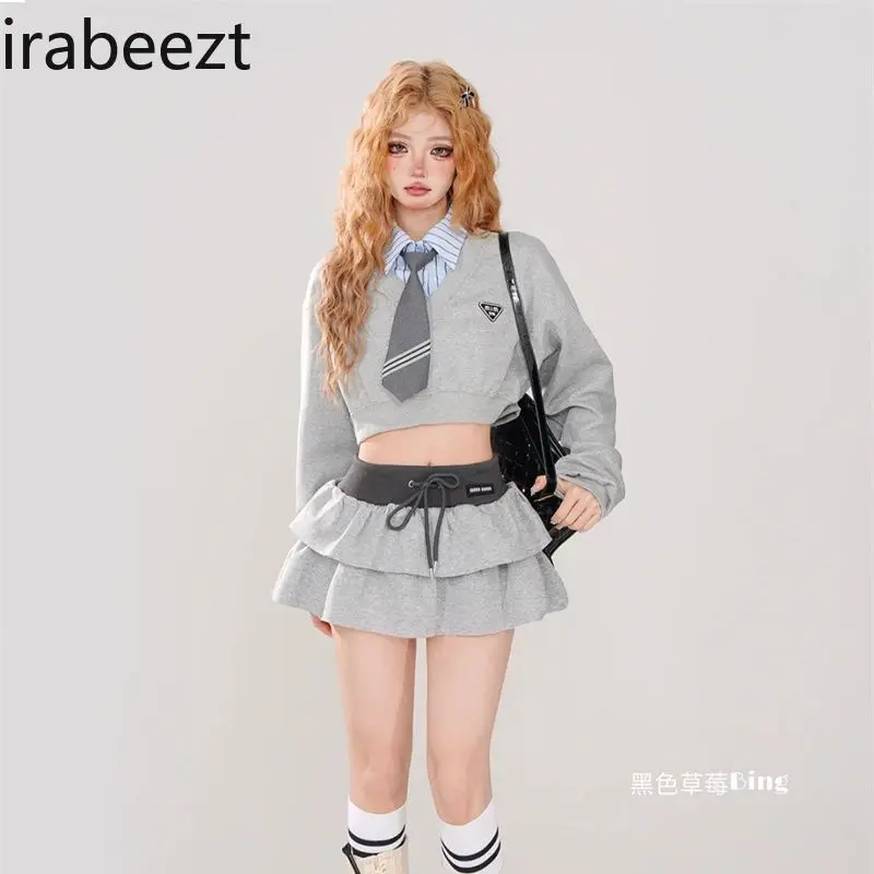 Early Spring New American Fake Two Spliced Shirt Collar Short Hoodie Women's Design Sense Niche Thin Fashion Skirt Suit