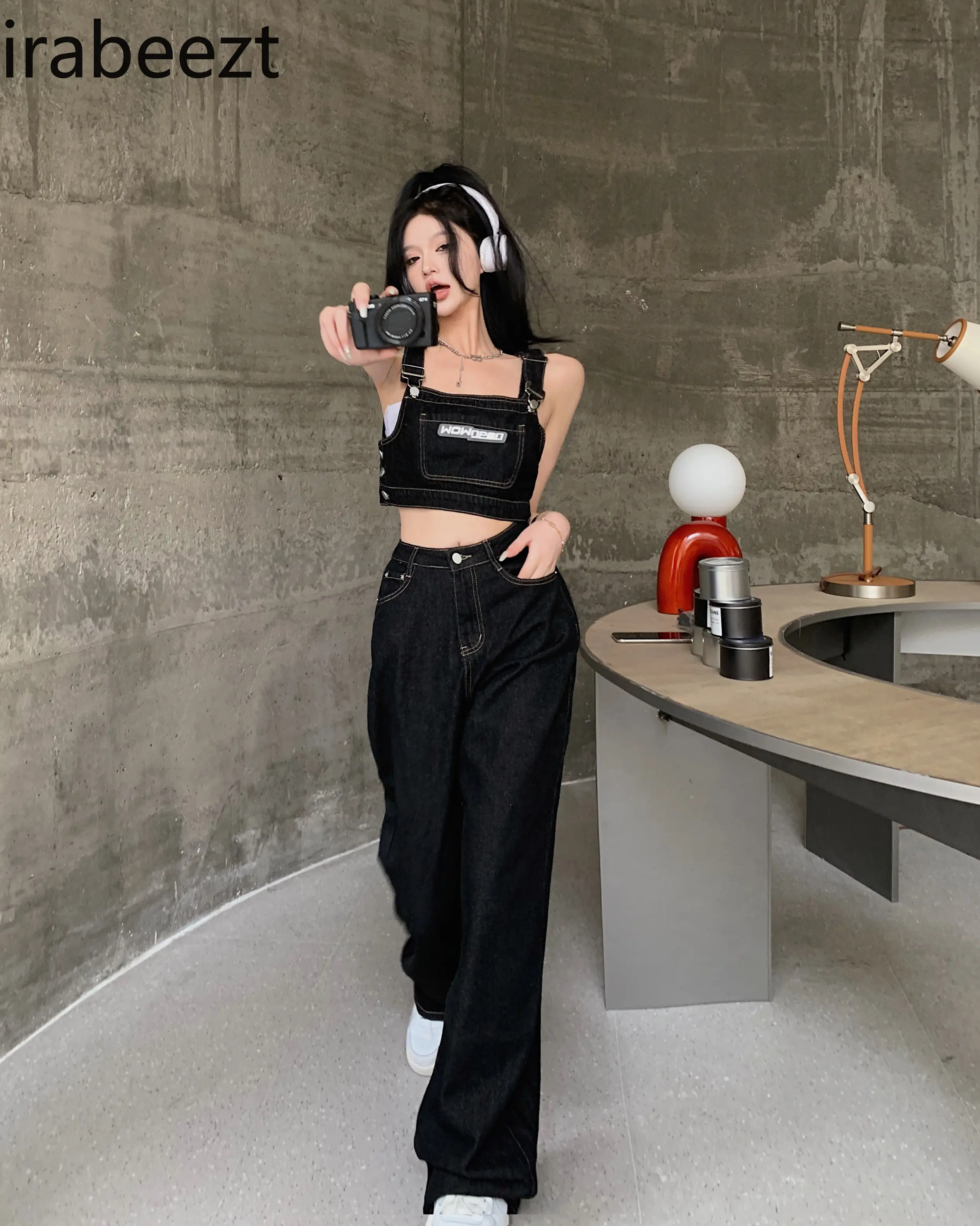 Spice Girl Halter Top Loose Straight Leg Denim Trouser Two-piece For Women Conjuntos Feminino Elegante Slim Fit Leggins Mujer
