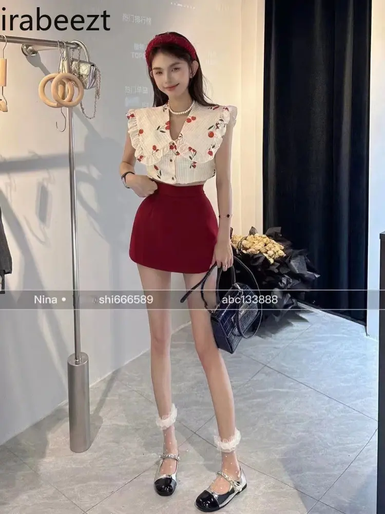 Korean Sweet Outside Wearing Chic Cherry Print V-neck Breasted Top Women's High Waist Slimming Skirt Two Pieces Sets