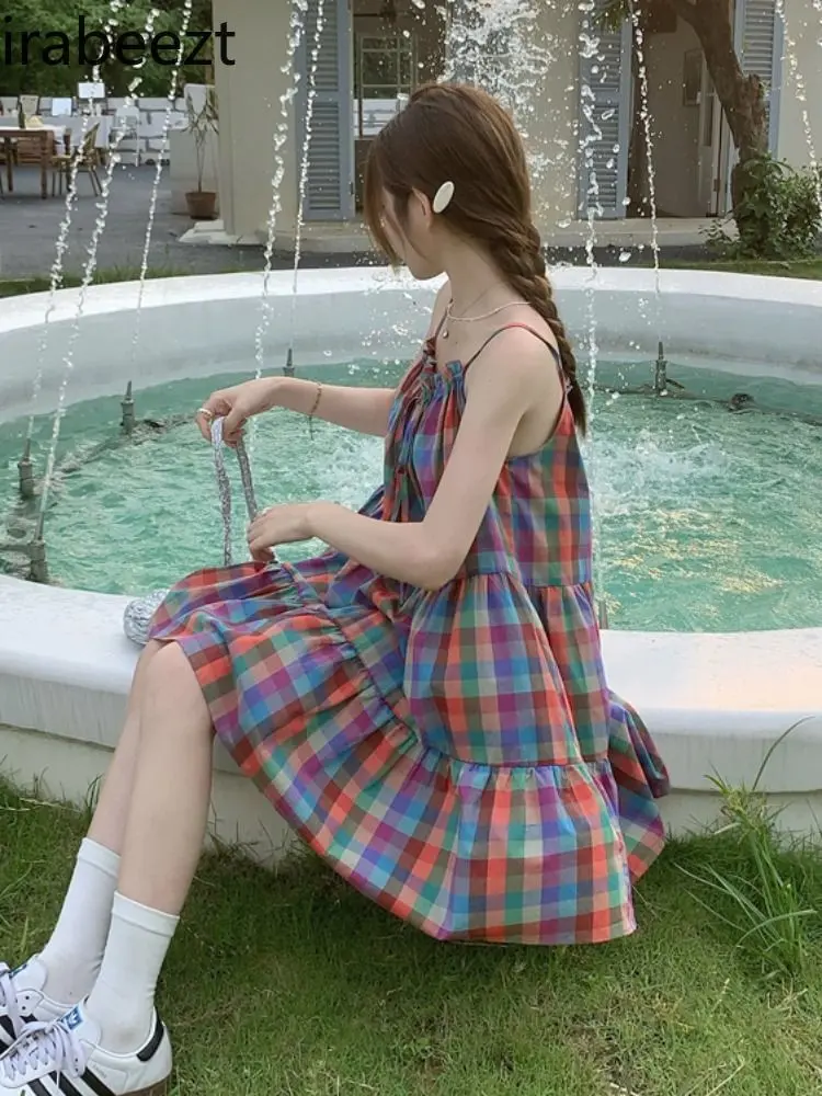 2024 New Advanced Sexy Color Plaid Adjustable Color Contrast Doll Vestidos Elegantes Para Mujer Summer Sleeveless Dress