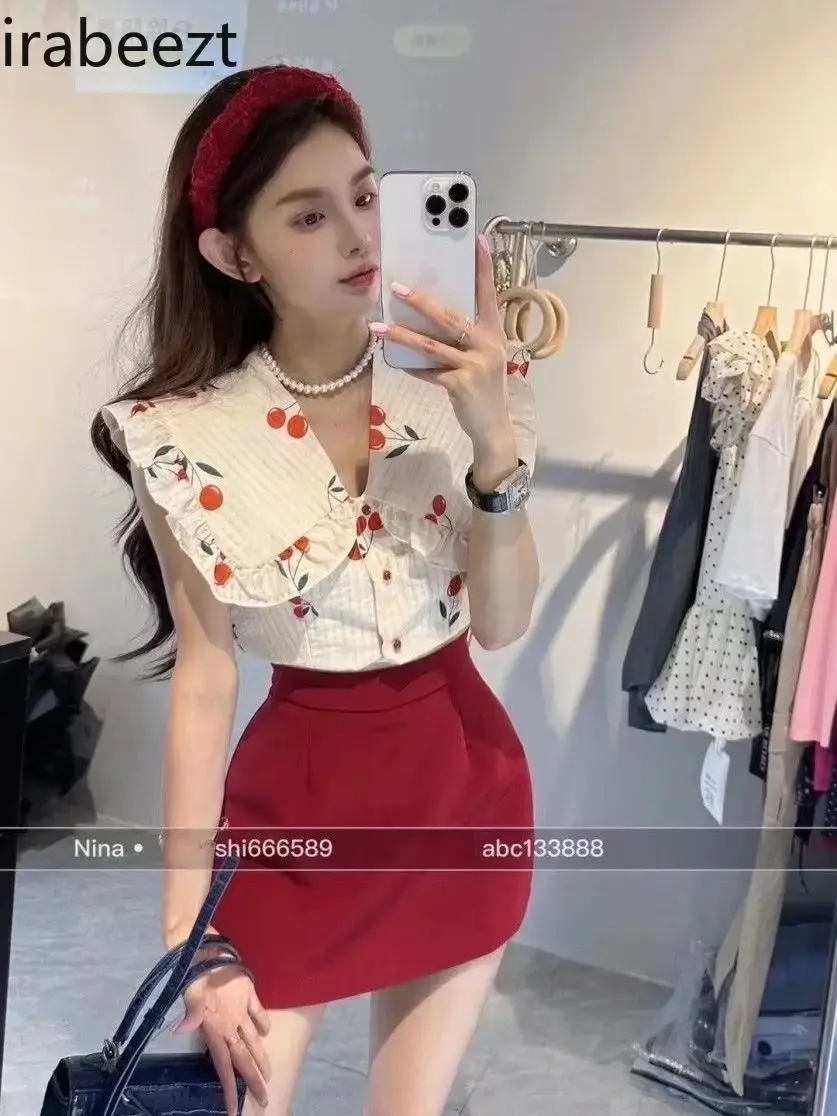 Korean Sweet Outside Wearing Chic Cherry Print V-neck Breasted Top Women's High Waist Slimming Skirt Two Pieces Sets