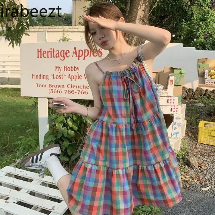 2024 New Advanced Sexy Color Plaid Adjustable Color Contrast Doll Vestidos Elegantes Para Mujer Summer Sleeveless Dress