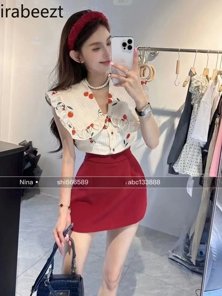 Korean Sweet Outside Wearing Chic Cherry Print V-neck Breasted Top Women's High Waist Slimming Skirt Two Pieces Sets