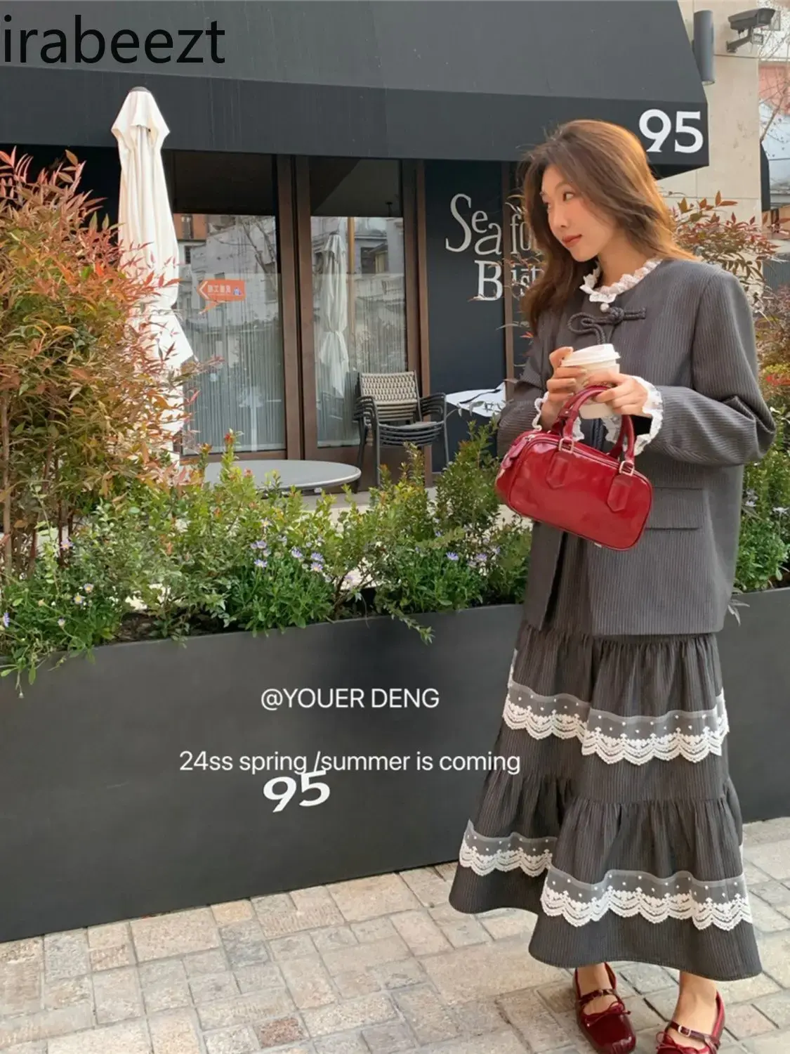 New Chinese Lace Ruffled Western Air Age-reduction Suit Women's Buckle Lace Coat Full Length Skirt Two-piece Set
