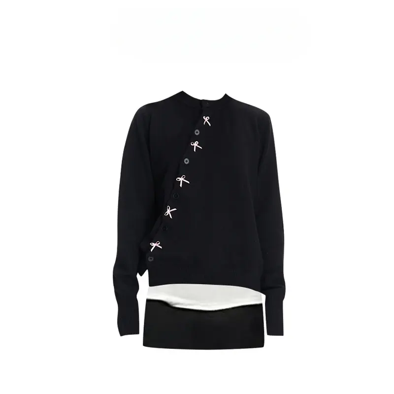 Korean Design Sense Oblique Front Single-breasted Bow Knit Cardigan Sweater Female Black A-line Skirt Two-piece Set
