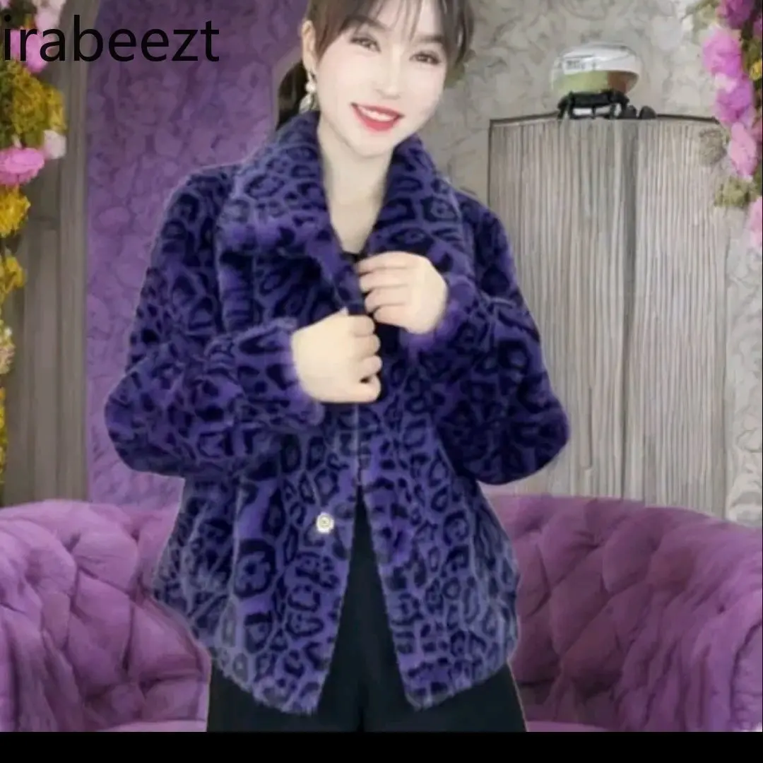 2024 New One Short Mink Fur with Thick Leopard Fur Coat Femininity Casacos De Inverno Feminino Frete Grátis Winter Jacket Women
