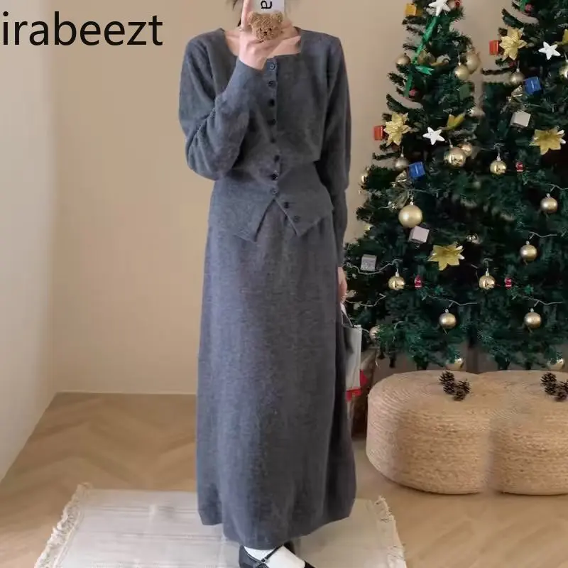 This Year's Fashion Beautiful Knitted Skirt Women's Autumn and Winter Sweater Coat Two-piece Set Conjuntos De Saias