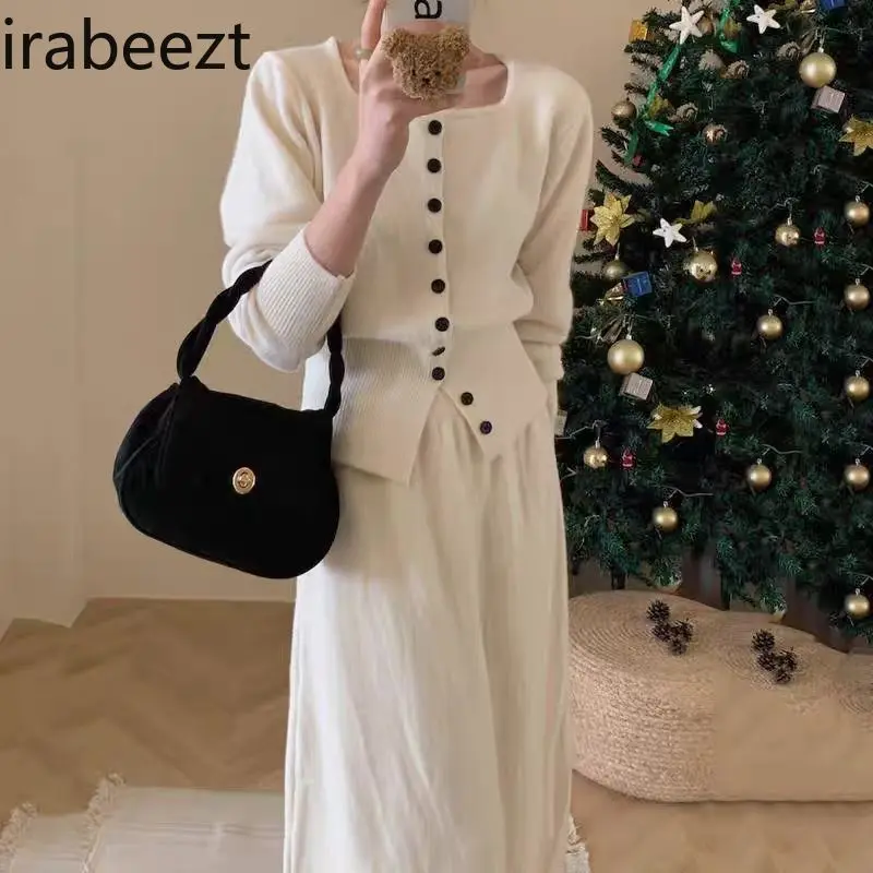 This Year's Fashion Beautiful Knitted Skirt Women's Autumn and Winter Sweater Coat Two-piece Set Conjuntos De Saias