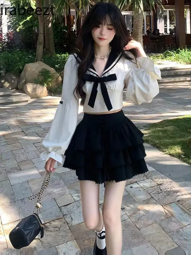 College All-matching Twill Cake Shaped Skirt + Navy Collar Blouse Two Sets of New 2024 Casual Jupe Femme Chic Et Élégant